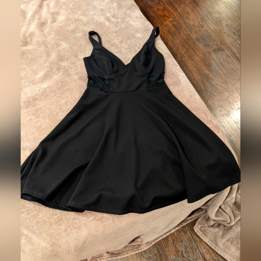EUC strappy back, lace mesh panel little black dress!